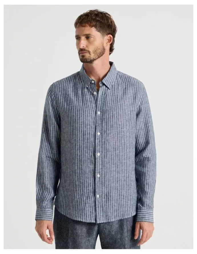 Basque Long Sleeve Linen Shirt in Indigo Stripe