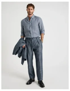 Basque Long Sleeve Linen Shirt in Indigo Stripe