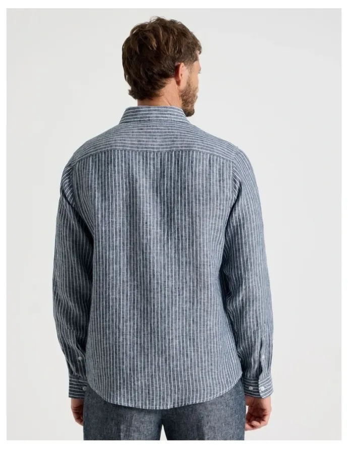 Basque Long Sleeve Linen Shirt in Indigo Stripe