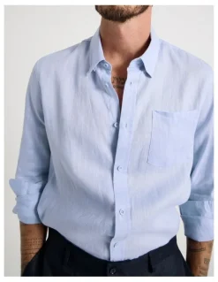 Basque Long Sleeve Linen Shirt in Blue