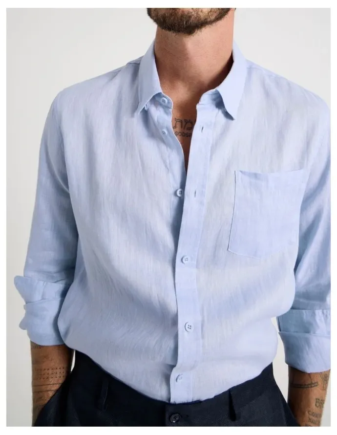 Basque Long Sleeve Linen Shirt in Blue