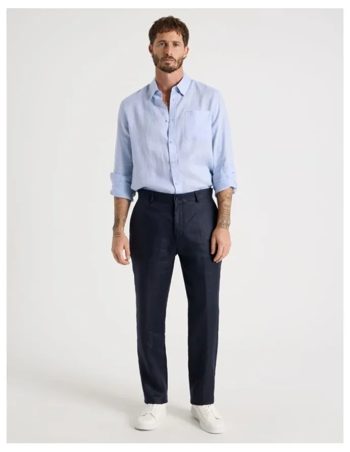 Basque Long Sleeve Linen Shirt in Blue