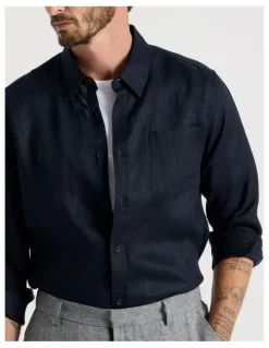 Basque Long Sleeve Linen Shirt in Navy