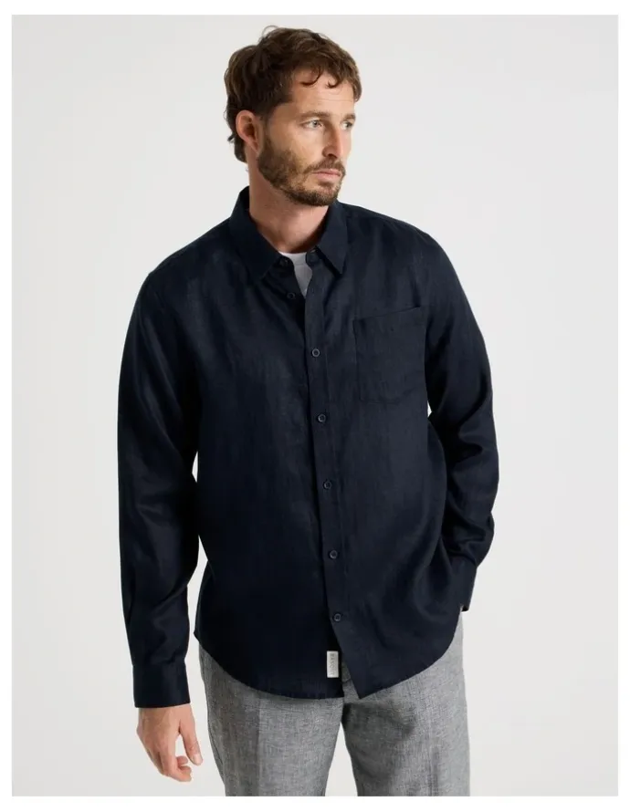 Basque Long Sleeve Linen Shirt in Navy
