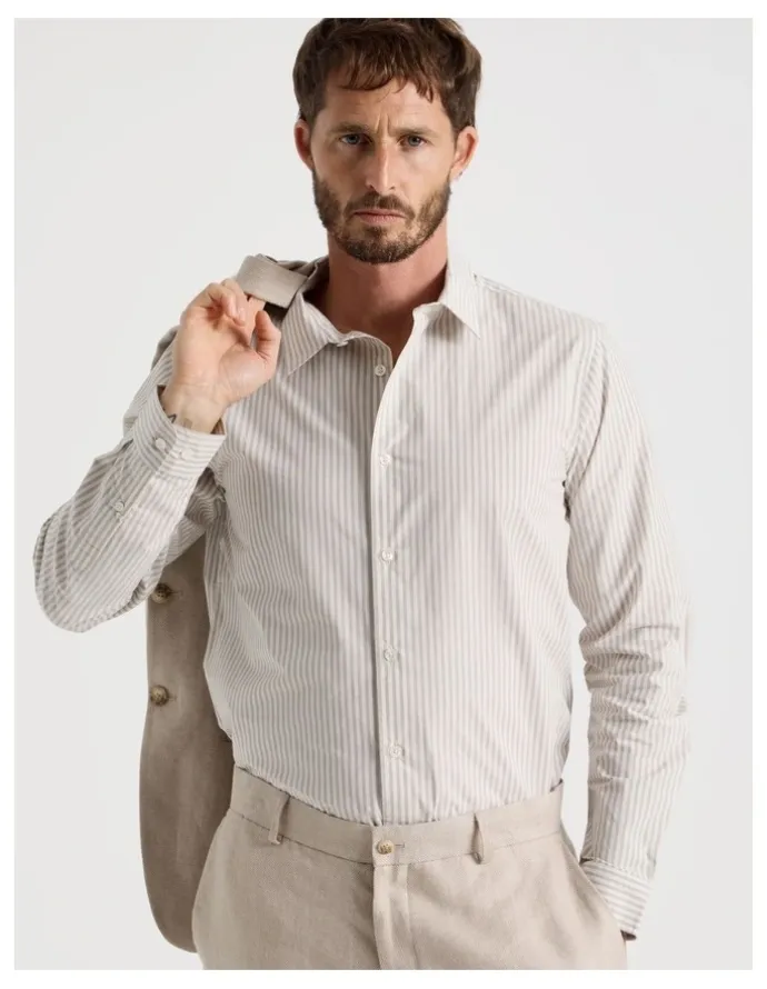 Basque Long Sleeve Shirt in Stone Stripe