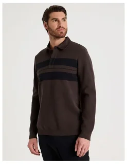 Basque Long Sleeve Striped Knit Rugby Polo in Brown