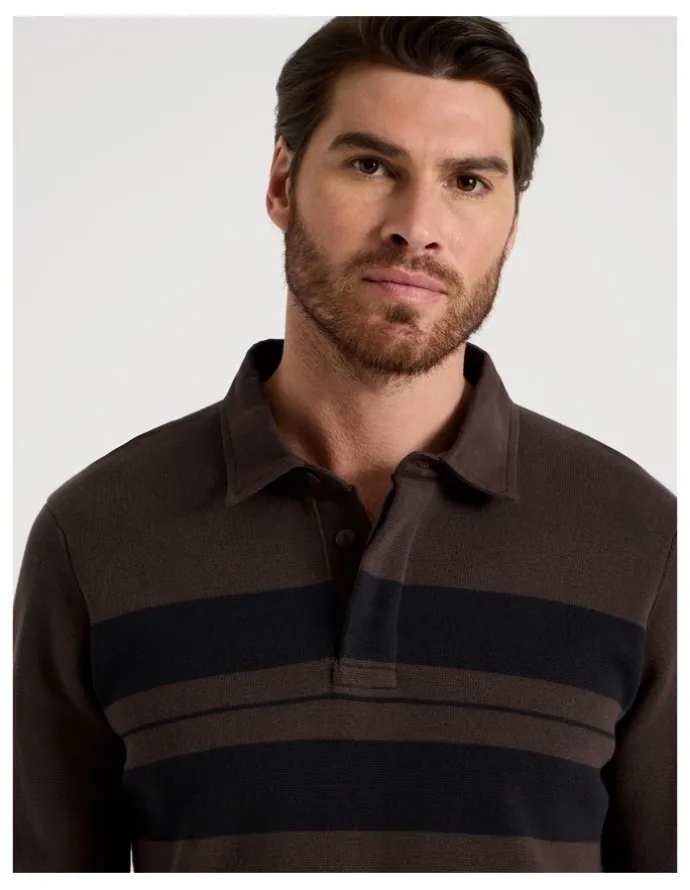 Basque Long Sleeve Striped Knit Rugby Polo in Brown