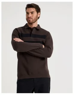Basque Long Sleeve Striped Knit Rugby Polo in Brown