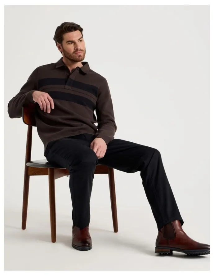 Basque Long Sleeve Striped Knit Rugby Polo in Brown