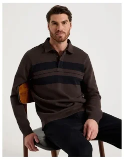 Basque Long Sleeve Striped Knit Rugby Polo in Brown