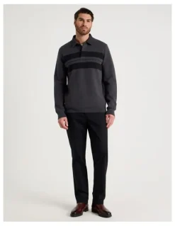 Basque Long Sleeve Striped Knit Rugby Polo in Charcoal