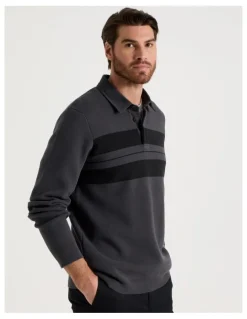 Basque Long Sleeve Striped Knit Rugby Polo in Charcoal