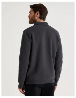 Basque Long Sleeve Striped Knit Rugby Polo in Charcoal