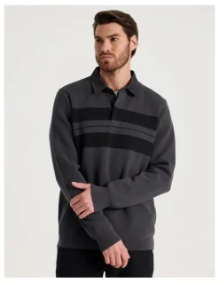 Basque Long Sleeve Striped Knit Rugby Polo in Charcoal