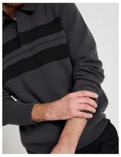 Basque Long Sleeve Striped Knit Rugby Polo in Charcoal