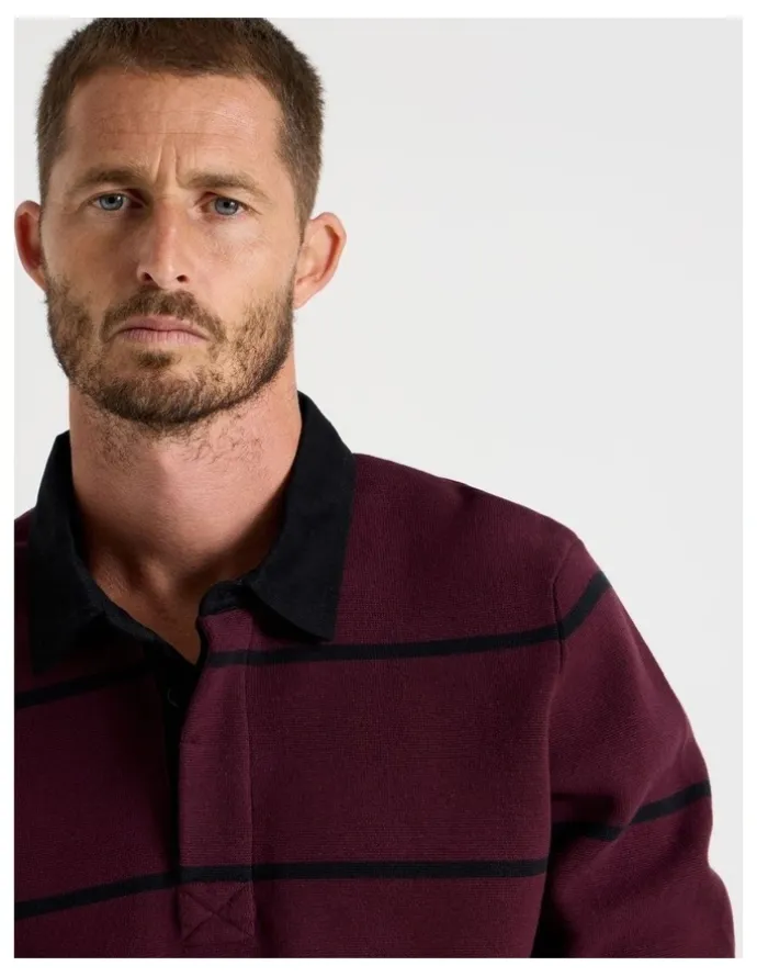 Basque Long Sleeve Striped Knit Rugby Polo in Burgundy