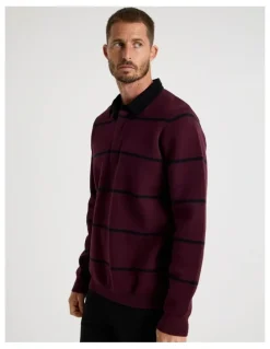 Basque Long Sleeve Striped Knit Rugby Polo in Burgundy