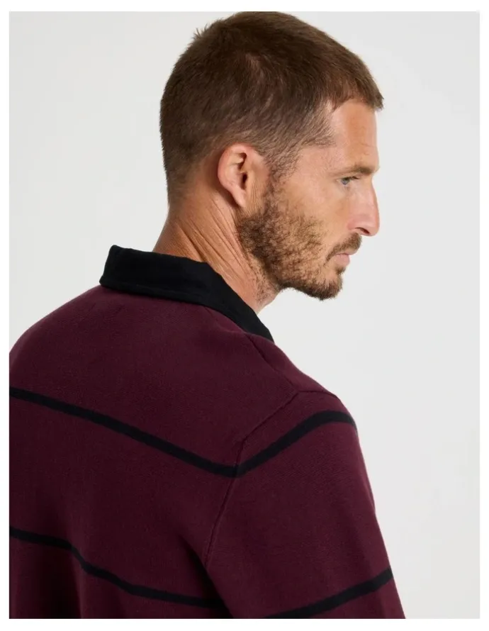 Basque Long Sleeve Striped Knit Rugby Polo in Burgundy