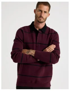 Basque Long Sleeve Striped Knit Rugby Polo in Burgundy