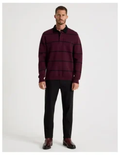 Basque Long Sleeve Striped Knit Rugby Polo in Burgundy