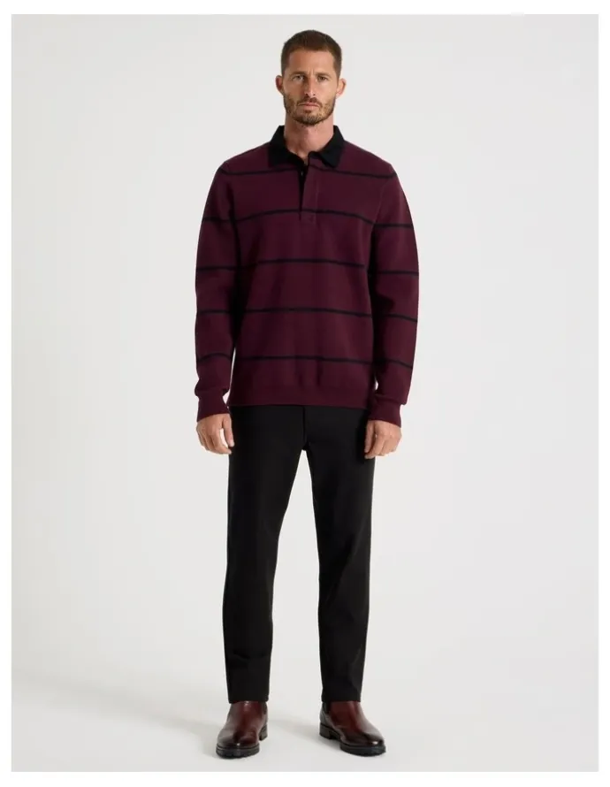 Basque Long Sleeve Striped Knit Rugby Polo in Burgundy