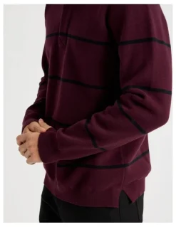 Basque Long Sleeve Striped Knit Rugby Polo in Burgundy