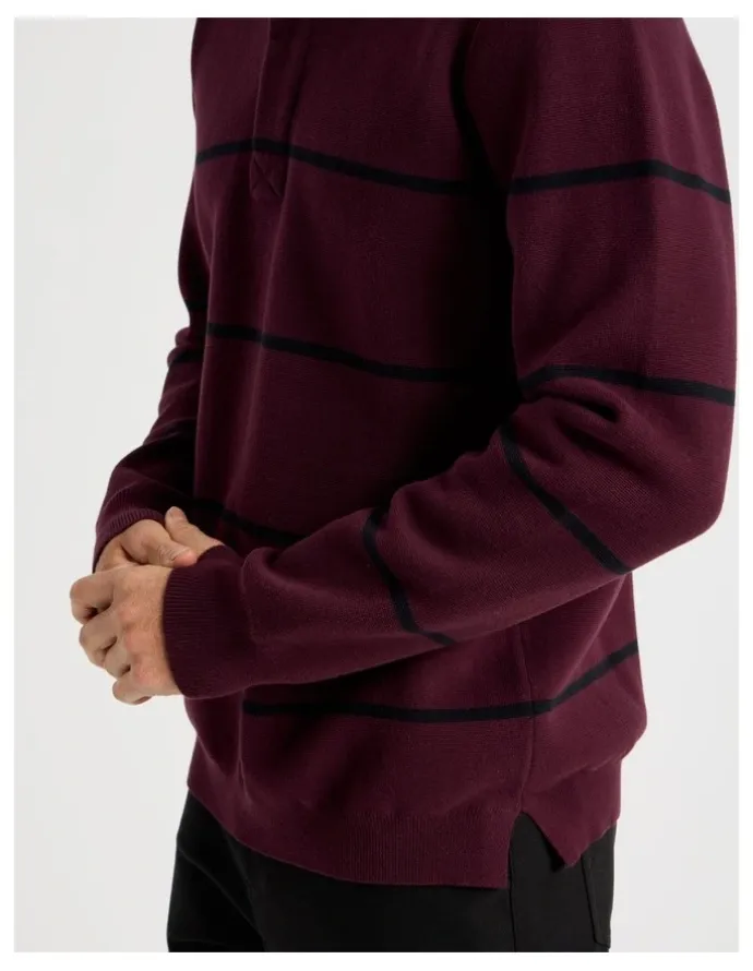Basque Long Sleeve Striped Knit Rugby Polo in Burgundy