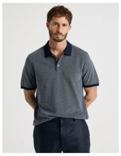 Basque Mercerised Cotton Birds Eye Polo in Navy