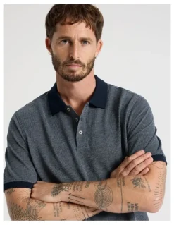 Basque Mercerised Cotton Birds Eye Polo in Navy