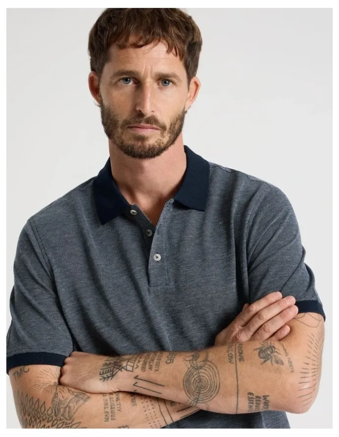 Basque Mercerised Cotton Birds Eye Polo in Navy