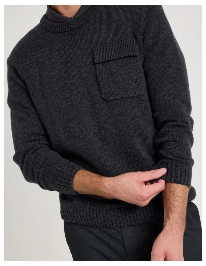 Basque Nep Yarn Knit Patch Pocket Sweater in Charcoal