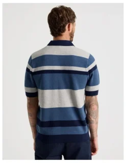 Basque Open Collar Knit Polo in Grey and Blue Stripe