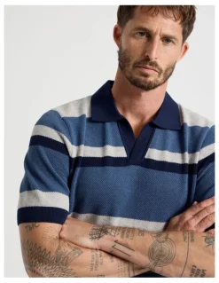 Basque Open Collar Knit Polo in Grey and Blue Stripe