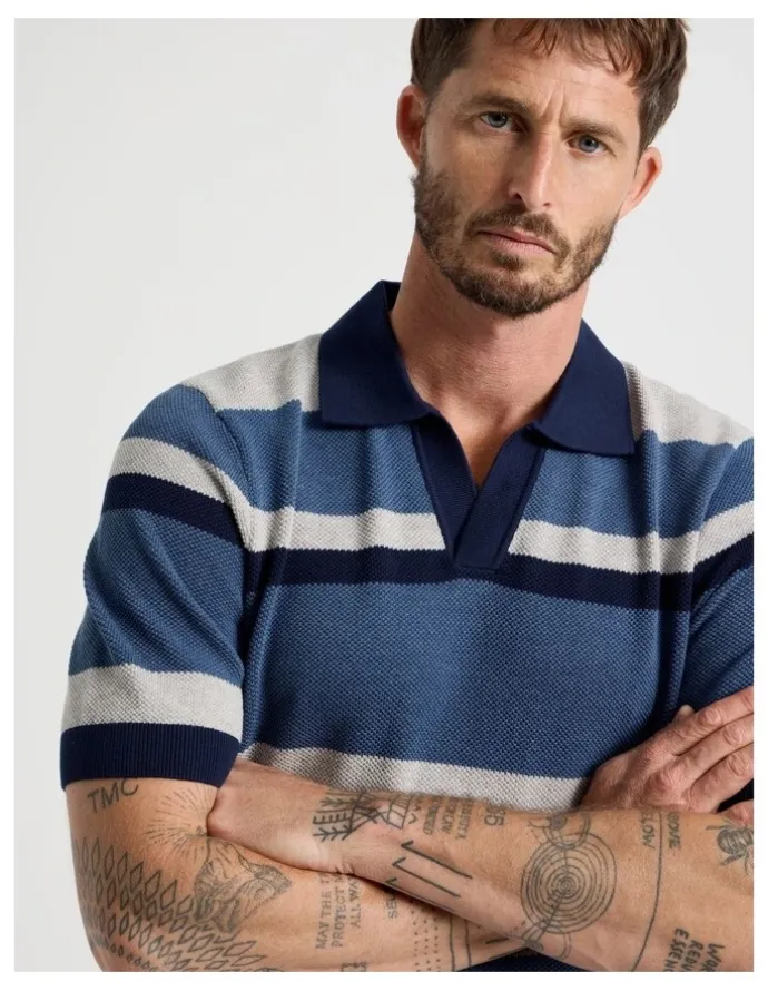 Basque Open Collar Knit Polo in Grey and Blue Stripe