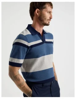 Basque Open Collar Knit Polo in Grey and Blue Stripe