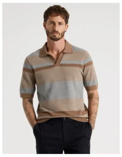 Basque Open Collar Knit Polo in Brown Stripe
