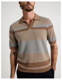 Basque Open Collar Knit Polo in Brown Stripe