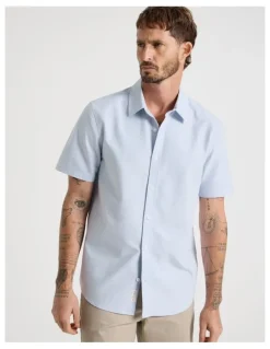 Basque Oxford Cotton Short Sleeve Shirt in Light Blue