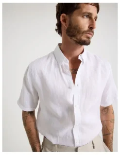 Basque Short Sleeve Linen Shirt in White