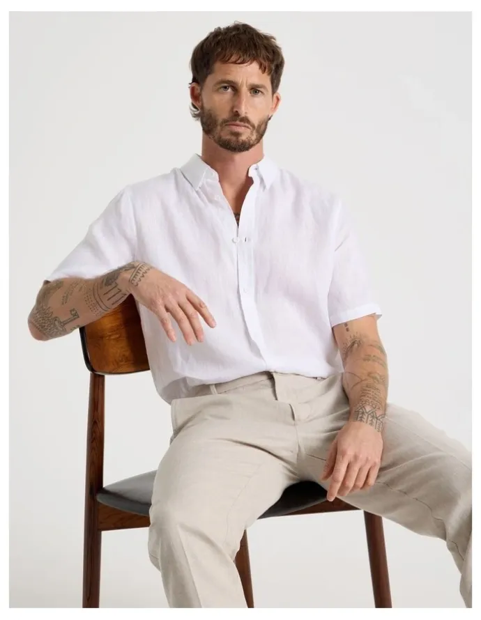 Basque Short Sleeve Linen Shirt in White