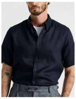 Basque Short Sleeve Linen Shirt in Navy