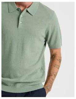 Basque Short Sleeve Merino Knit Polo in Light Green