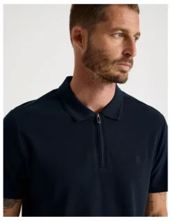 Basque Short Sleeve Zip Polo in Navy