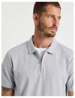 Basque Short Sleeve Zip Polo in Grey Marle