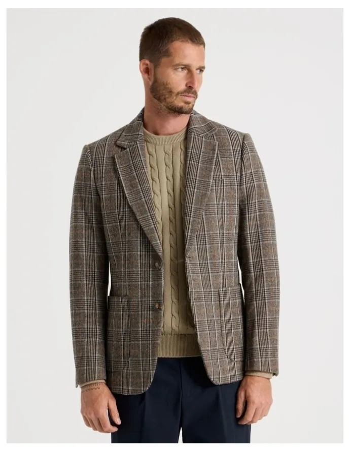 Basque Single Breasted Checked Blazer in Brown
