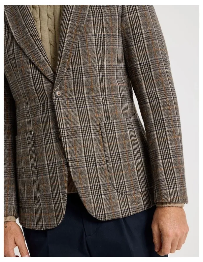 Basque Single Breasted Checked Blazer in Brown