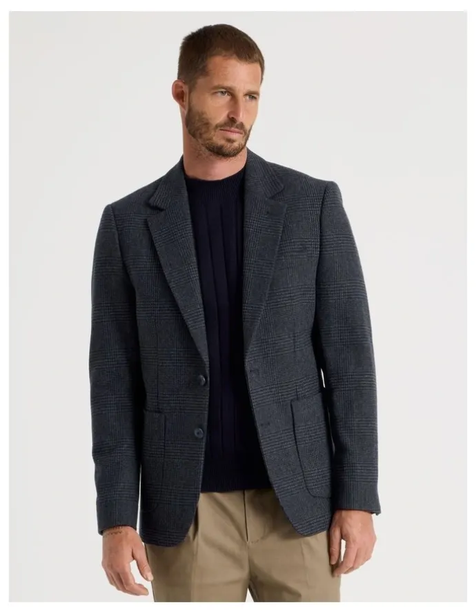 Basque Single Breasted Checked Blazer in Navy