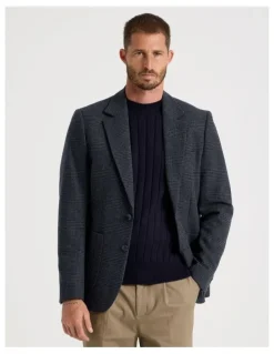Basque Single Breasted Checked Blazer in Navy