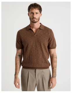 Basque Slub Texture Knit Polo in Light Brown