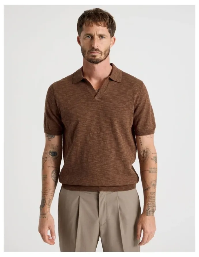 Basque Slub Texture Knit Polo in Light Brown
